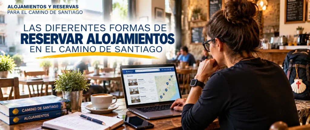 Alojamientos y reservas para el Camino de Santiago 5 Peregrinos consultando alojamientos en una MacBook para organizar sus reservas para el Camino de Santiago.